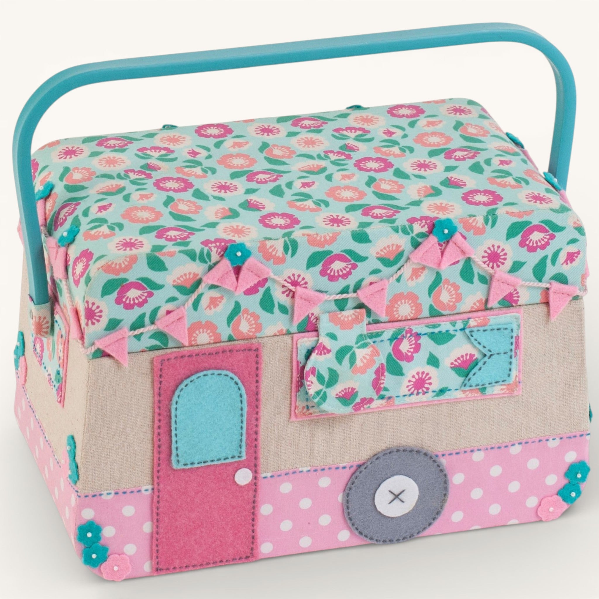 Caravan Sewing Box. Camper Sewing Basket with Applique & Storage Tray