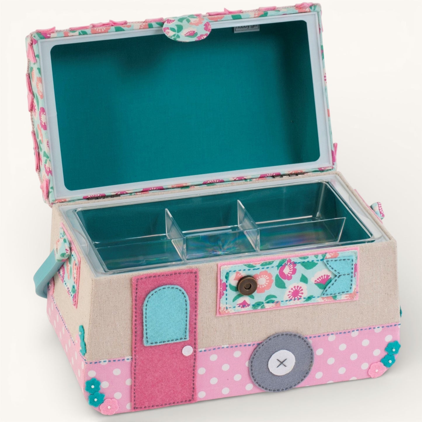 Caravan Sewing Box. Camper Sewing Basket with Applique & Storage Tray