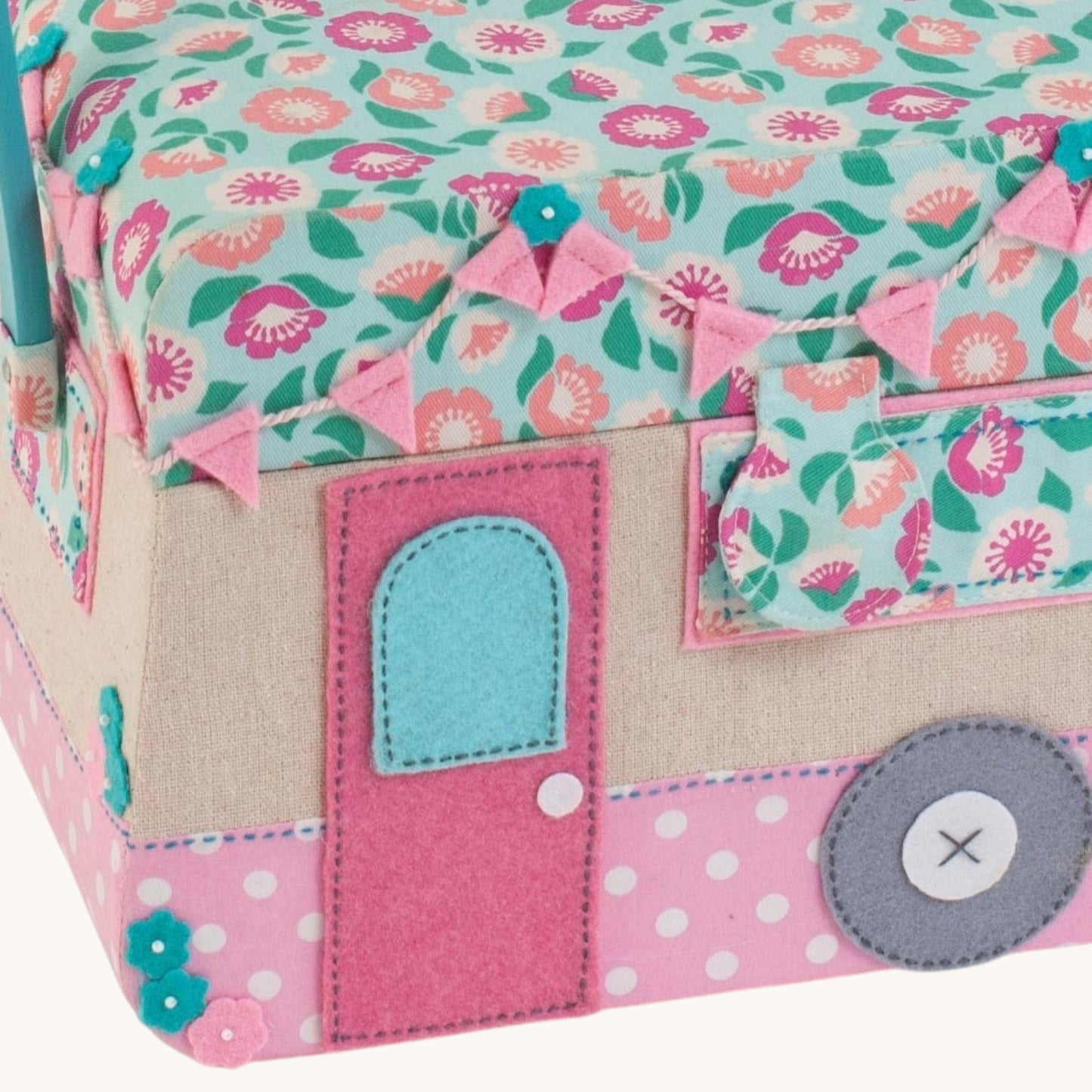 Caravan Sewing Box. Camper Sewing Basket with Applique & Storage Tray