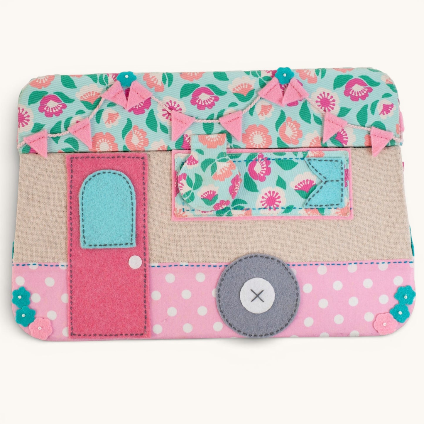 Caravan Sewing Box. Camper Sewing Basket with Applique & Storage Tray