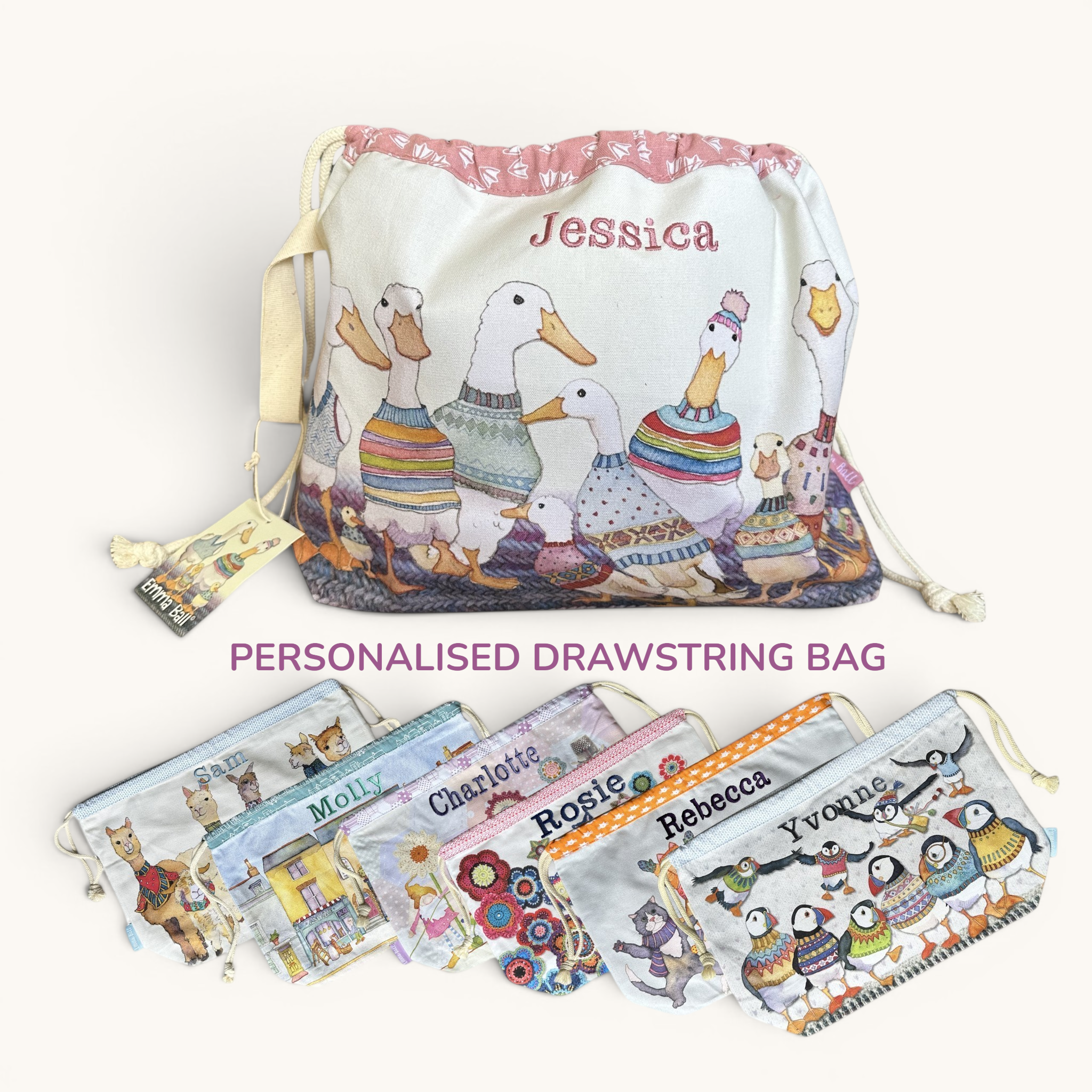 Personalised Emma Ball Drawstring Bags, Knitting & Crochet Projects and Yarn Storage. Knitting Gifts