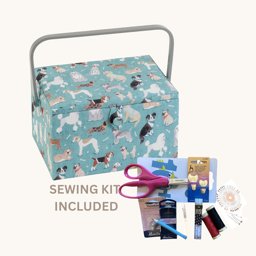 SEWING BASKET Dogs Design Large Size with a Premium Quality Sewing Kit
