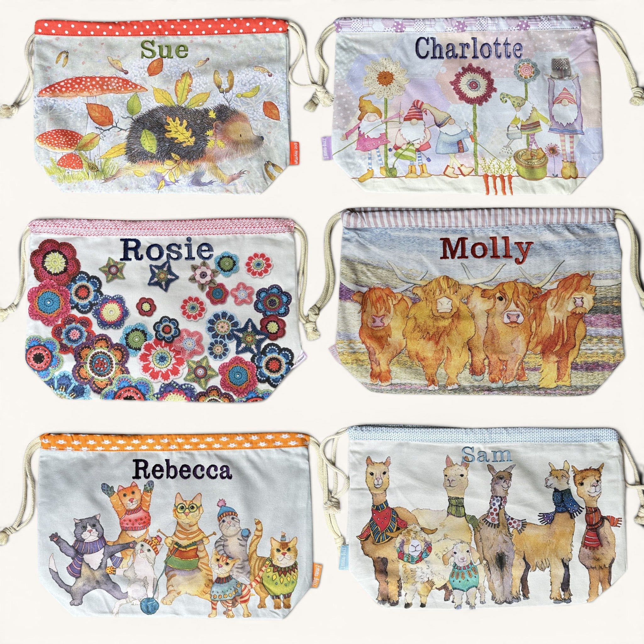 Personalised Emma Ball Drawstring Bags, Knitting & Crochet Projects and Yarn Storage. Knitting Gifts