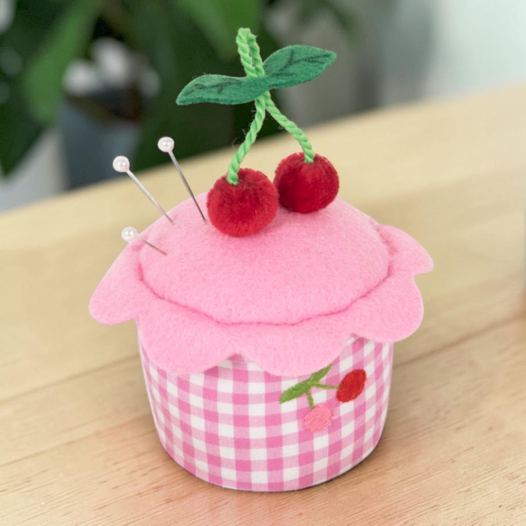 Embroidered Cherries Cupcake Pincushion. Pink Gingham Sewing Gift. Novelty Pin Holder