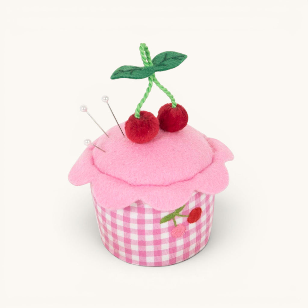Embroidered Cherries Cupcake Pincushion. Pink Gingham Sewing Gift. Novelty Pin Holder