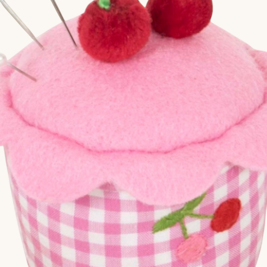 Embroidered Cherries Cupcake Pincushion. Pink Gingham Sewing Gift. Novelty Pin Holder