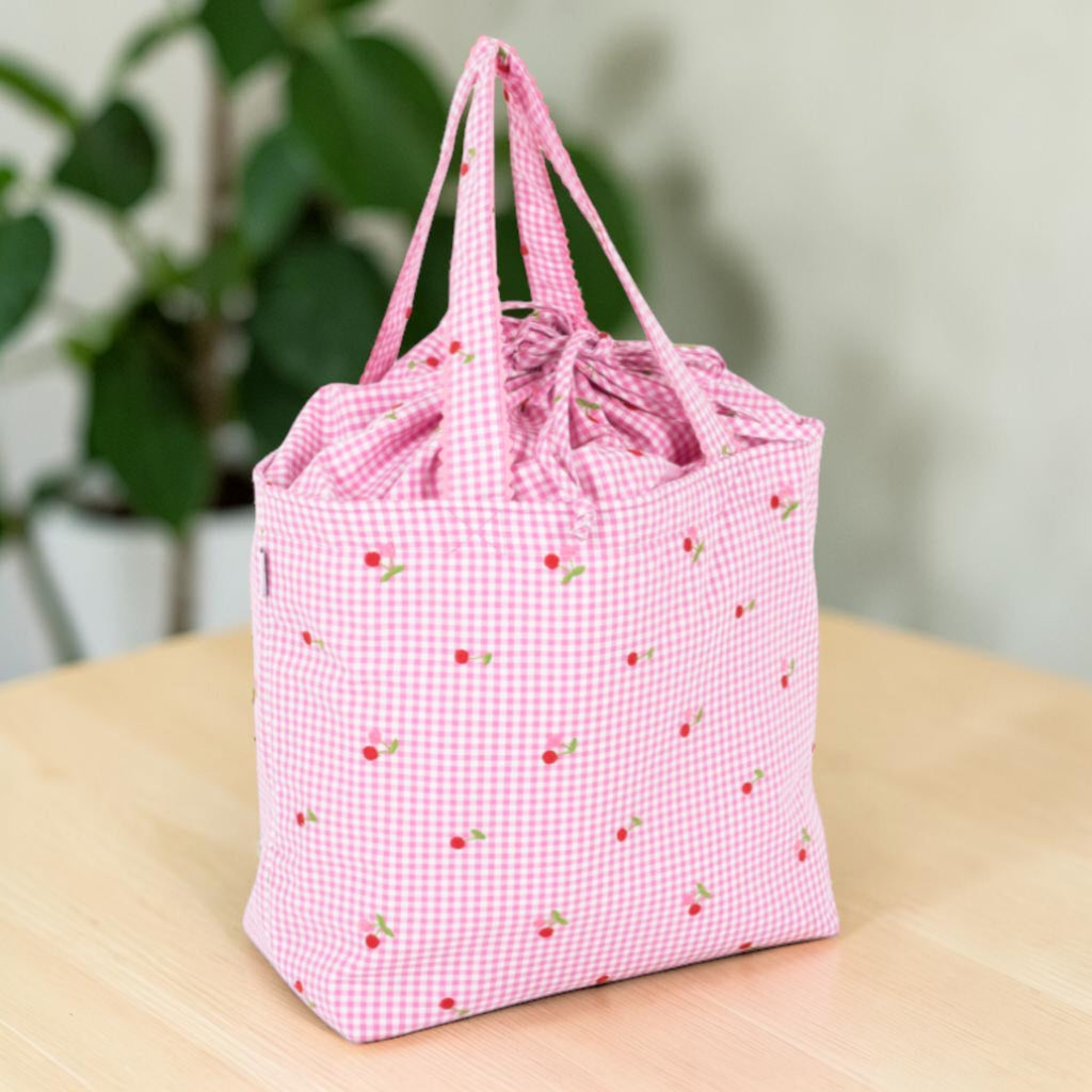 Embroidered Cherries Craft Bag. Drawstring Knitting Project Tote Pink Gingham with Pockets
