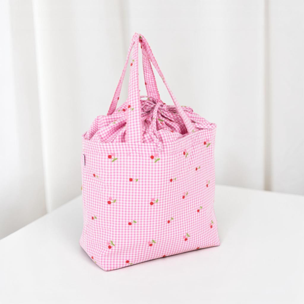 Embroidered Cherries Craft Bag. Drawstring Knitting Project Tote Pink Gingham with Pockets