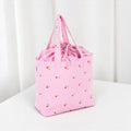 Embroidered Cherries Craft Bag. Drawstring Knitting Project Tote Pink Gingham with Pockets