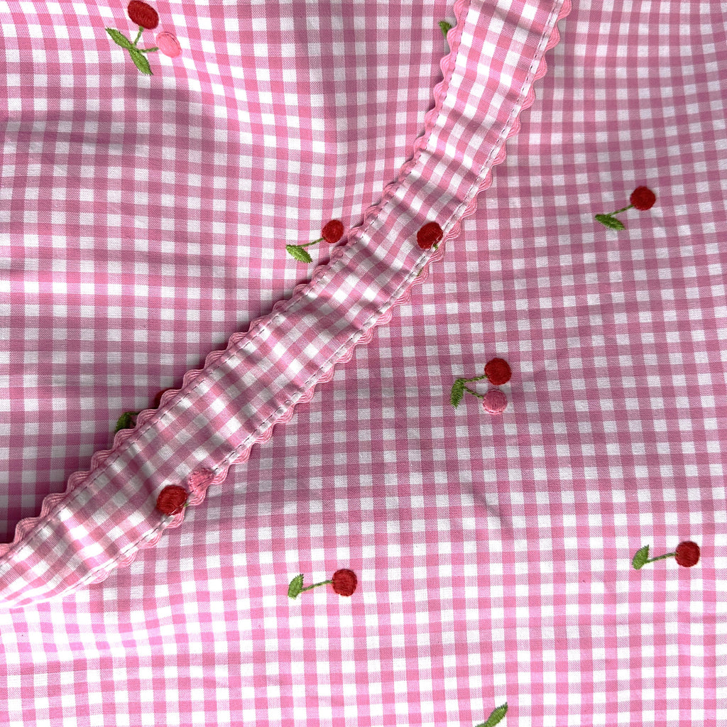 Embroidered Cherries Craft Bag. Drawstring Knitting Project Tote Pink Gingham with Pockets