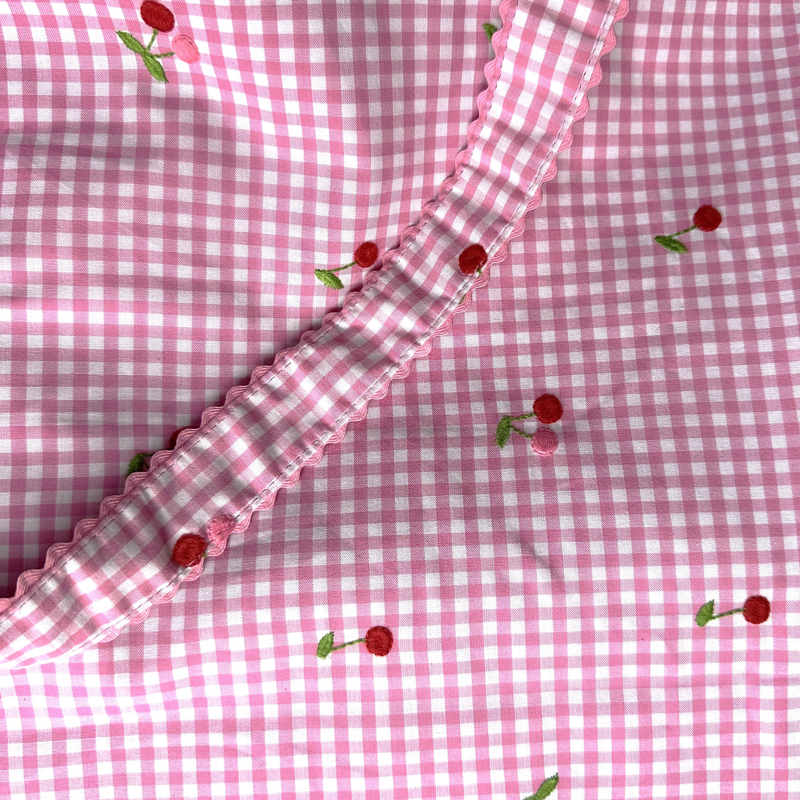 Embroidered Cherries Craft Bag. Drawstring Knitting Project Tote Pink Gingham with Pockets
