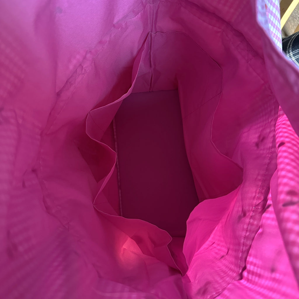 Embroidered Cherries Craft Bag. Drawstring Knitting Project Tote Pink Gingham with Pockets