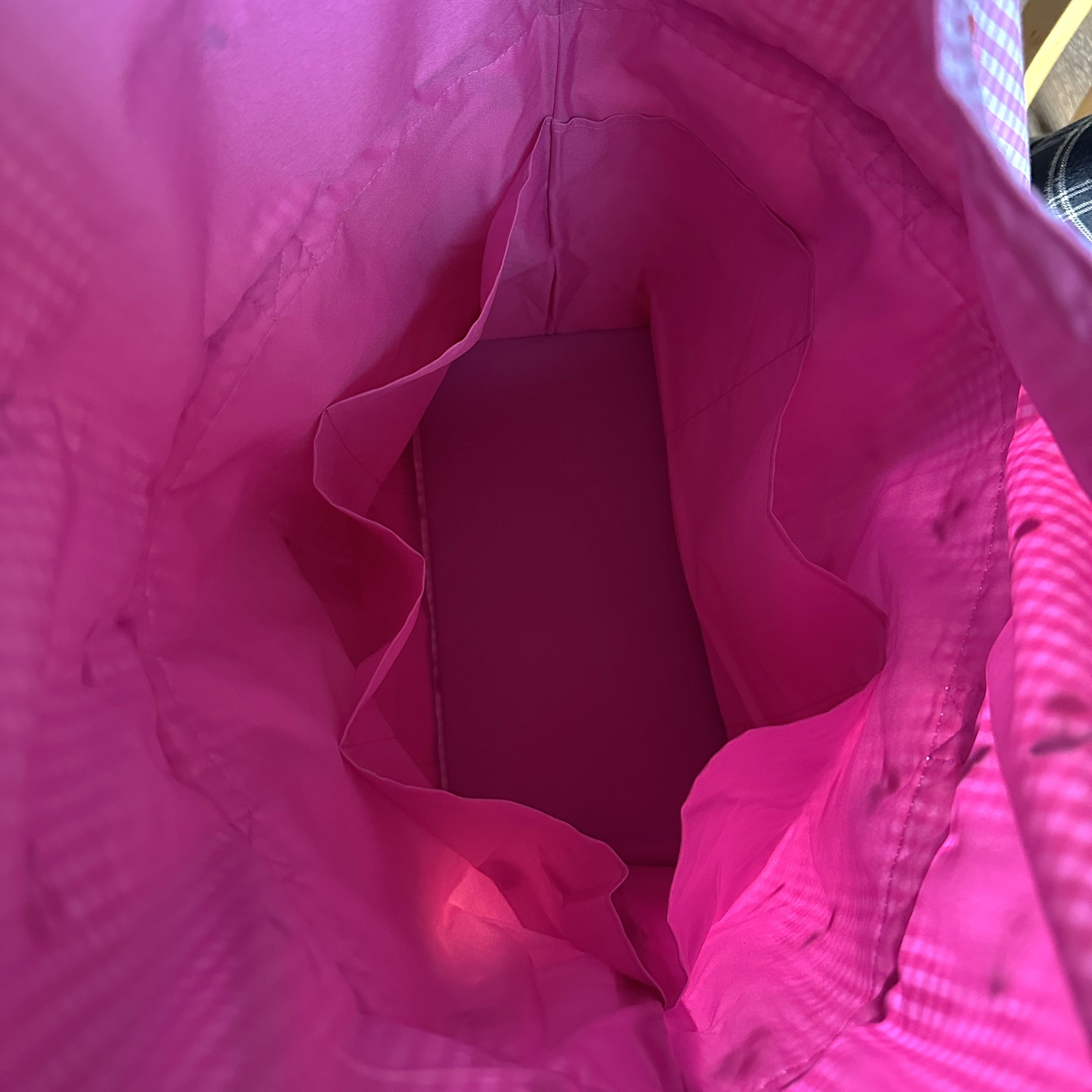 Embroidered Cherries Craft Bag. Drawstring Knitting Project Tote Pink Gingham with Pockets
