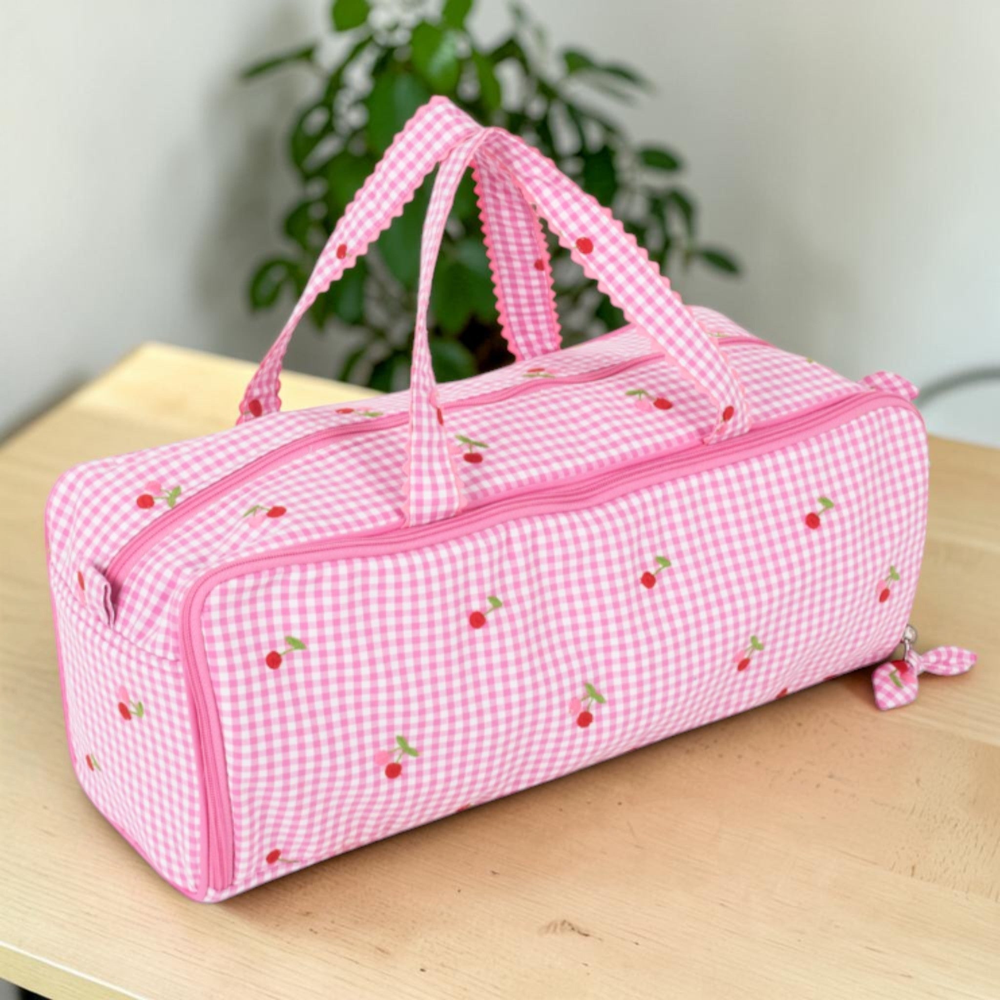 Embroidered Cherries Knitting Bag with Needle Storage. Pink Gingham Yarn Project Bag