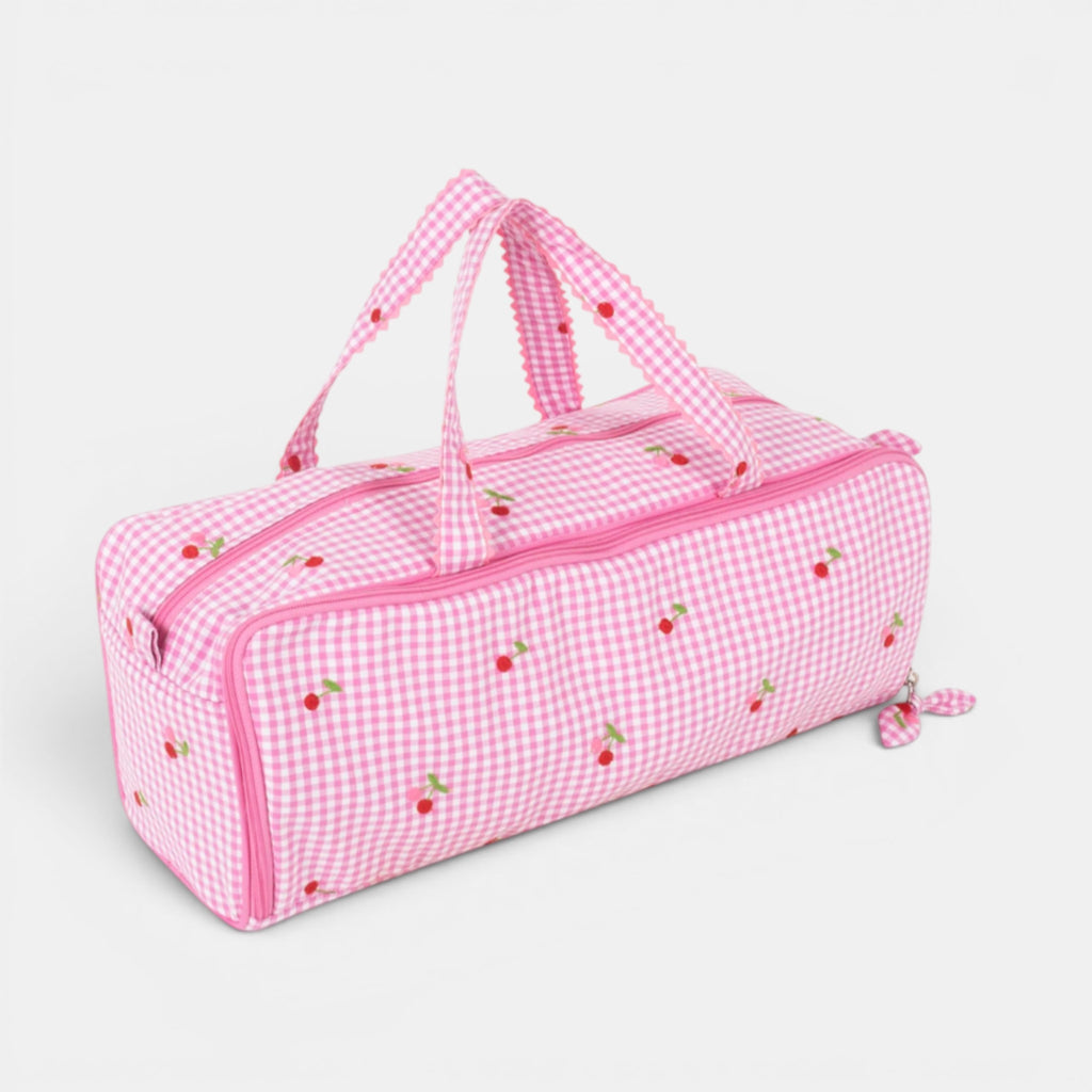 Embroidered Cherries Knitting Bag with Needle Storage. Pink Gingham Yarn Project Bag