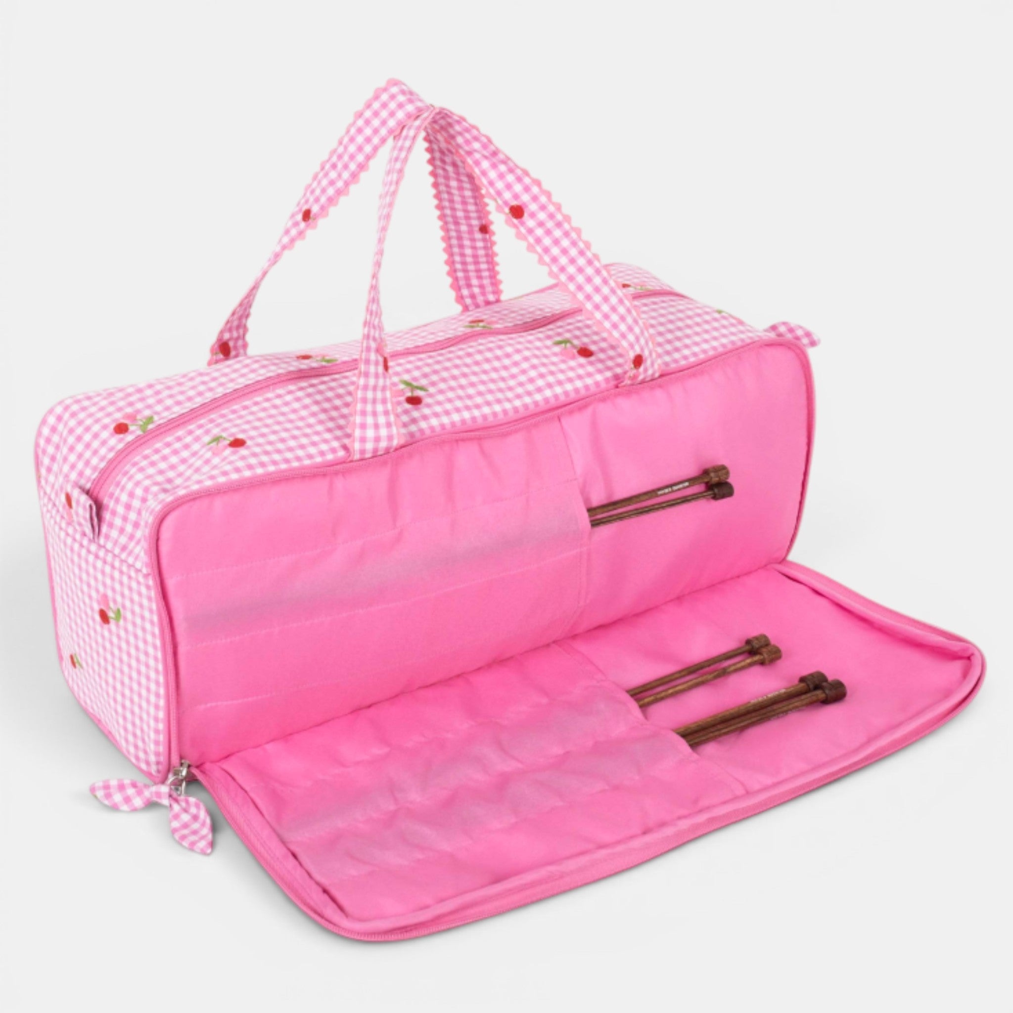 Embroidered Cherries Knitting Bag with Needle Storage. Pink Gingham Yarn Project Bag