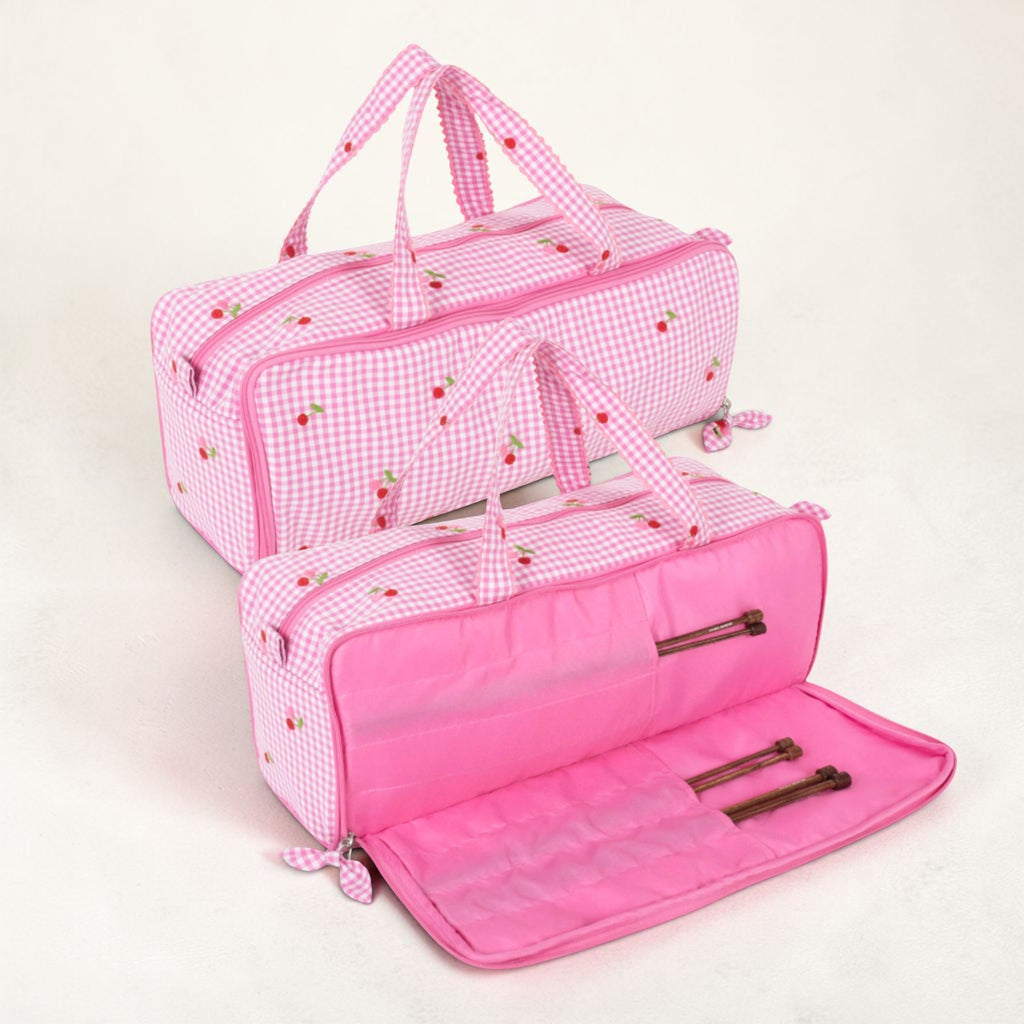 Embroidered Cherries Knitting Bag with Needle Storage. Pink Gingham Yarn Project Bag