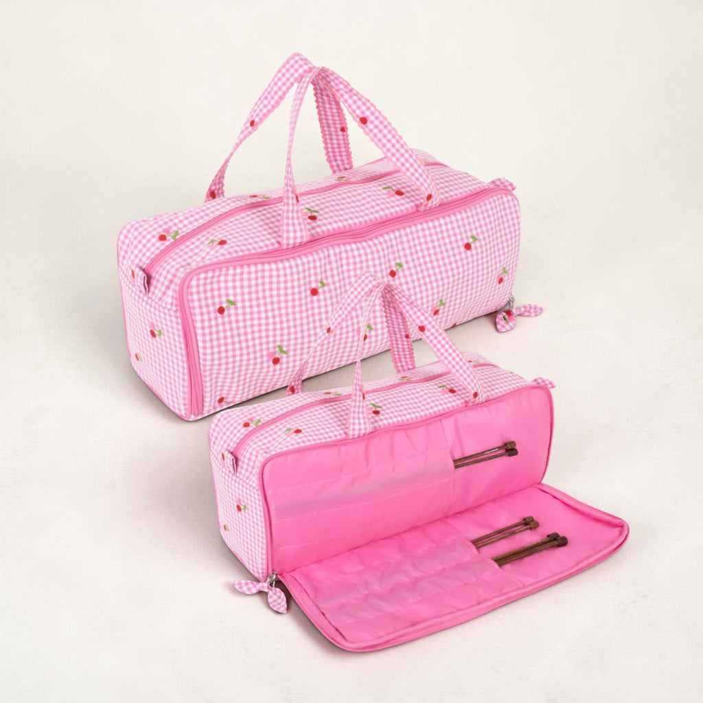 Embroidered Cherries Knitting Bag with Needle Storage. Pink Gingham Yarn Project Bag