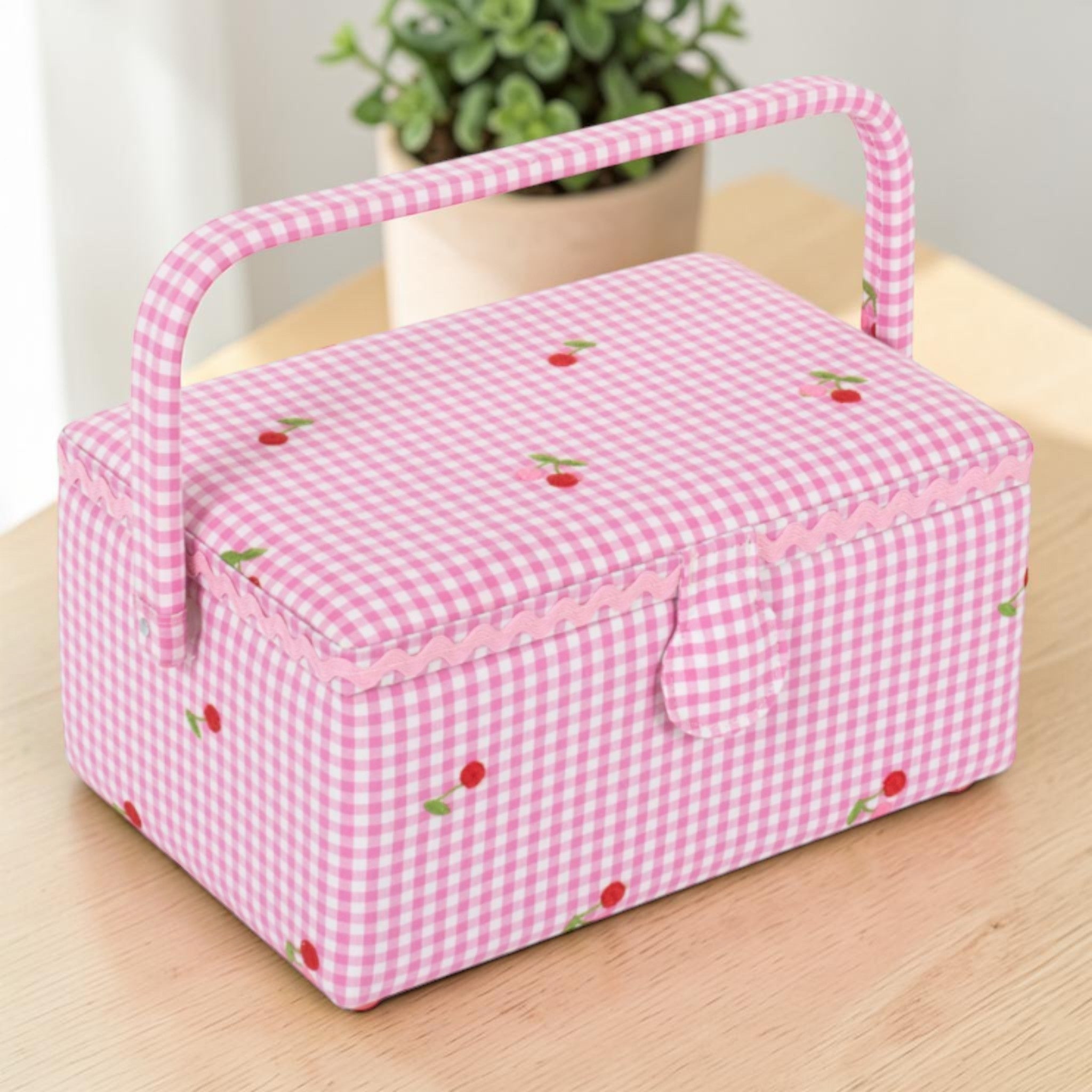 Pink Embroidered Cherry Gingham Sewing Box. Medium Cotton Sewing Basket with Tray