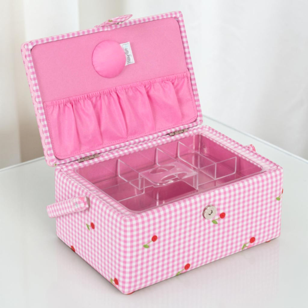 Pink Embroidered Cherry Gingham Sewing Box. Medium Cotton Sewing Basket with Tray