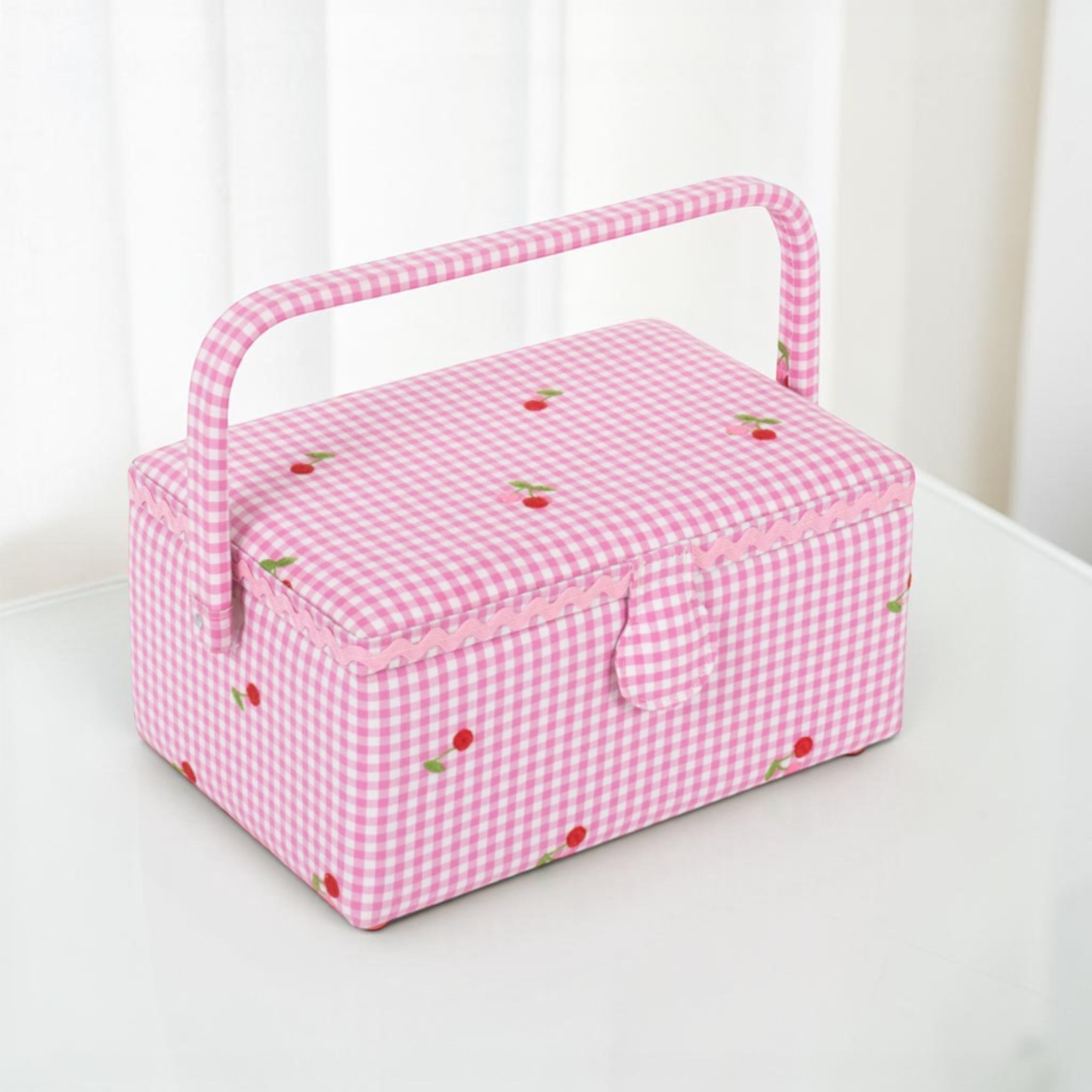 Pink Embroidered Cherry Gingham Sewing Box. Medium Cotton Sewing Basket with Tray