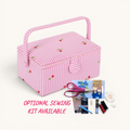 Pink Embroidered Cherry Gingham Sewing Box. Medium Cotton Sewing Basket with Tray