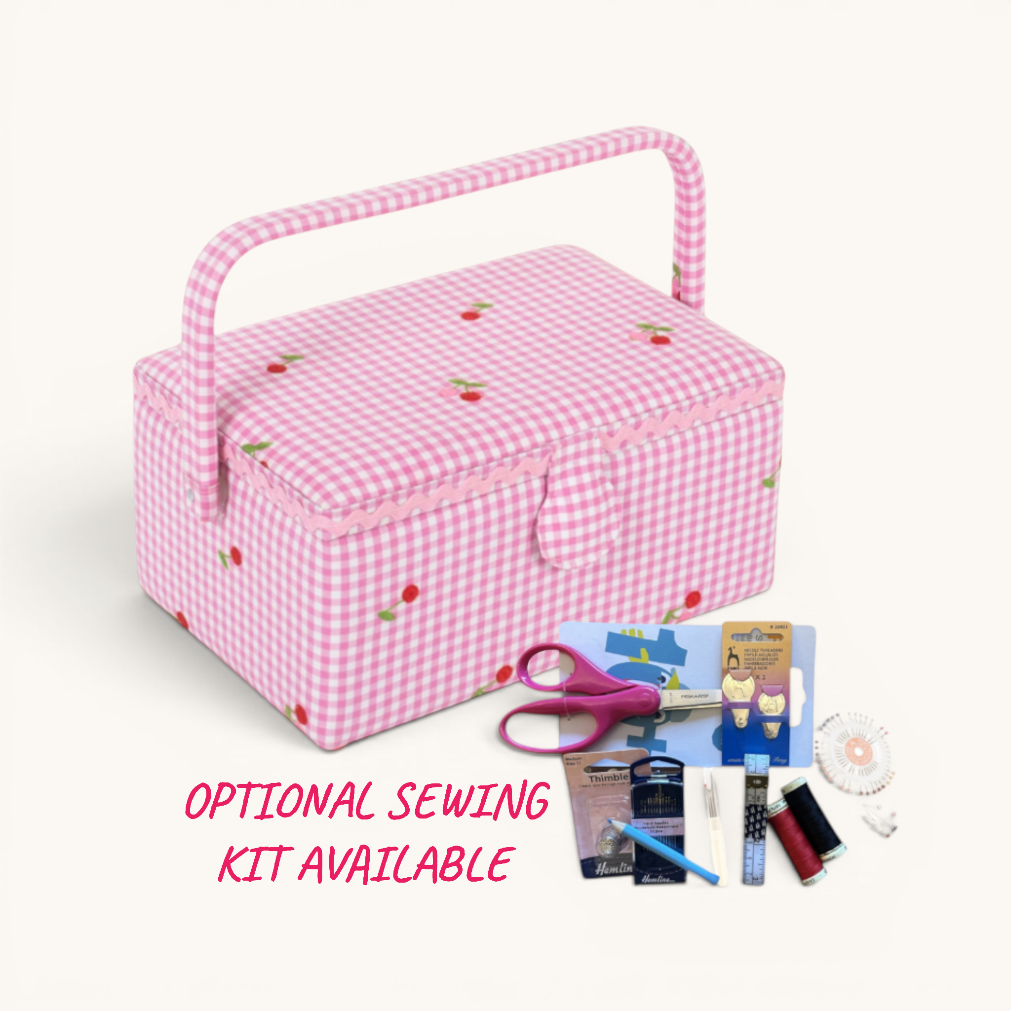 Pink Embroidered Cherry Gingham Sewing Box. Medium Cotton Sewing Basket with Tray