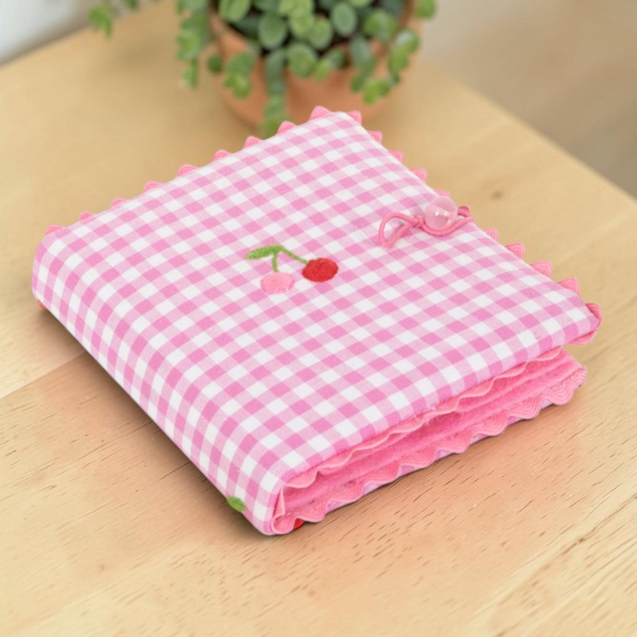 Pink Gingham Needle Case, Cherry Embroidery, Felt Sewing Holder, Cottagecore Accessory