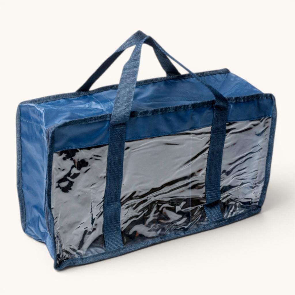 Large Fat Quarter Storage Bag. Navy Fabric Organiser with Clear Lid