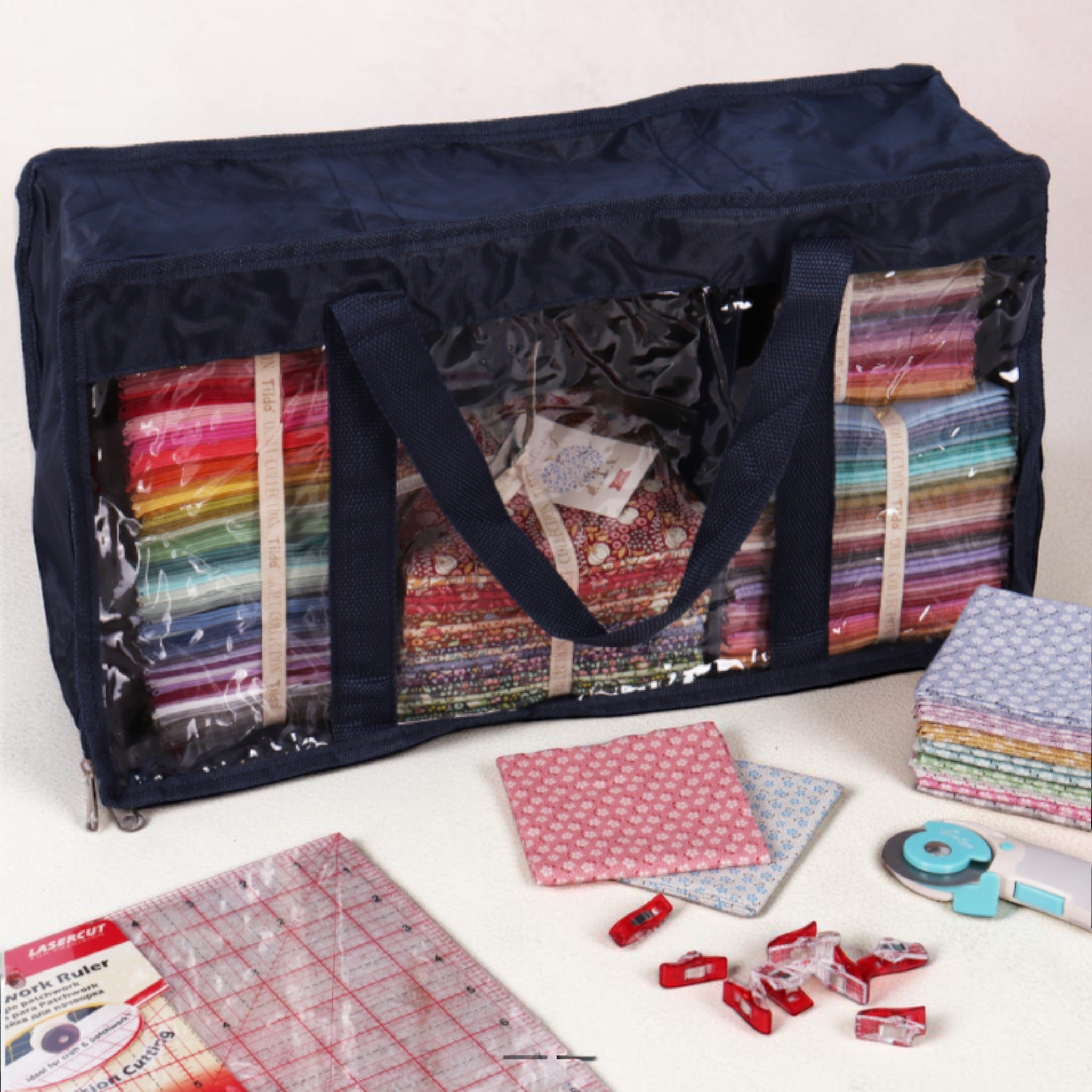 Large Fat Quarter Storage Bag. Navy Fabric Organiser with Clear Lid