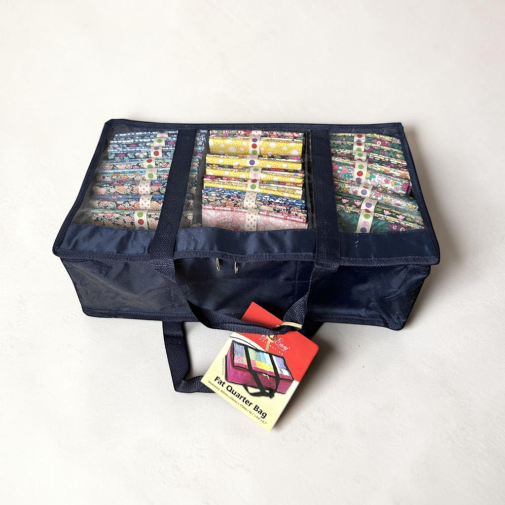 Large Fat Quarter Storage Bag. Navy Fabric Organiser with Clear Lid