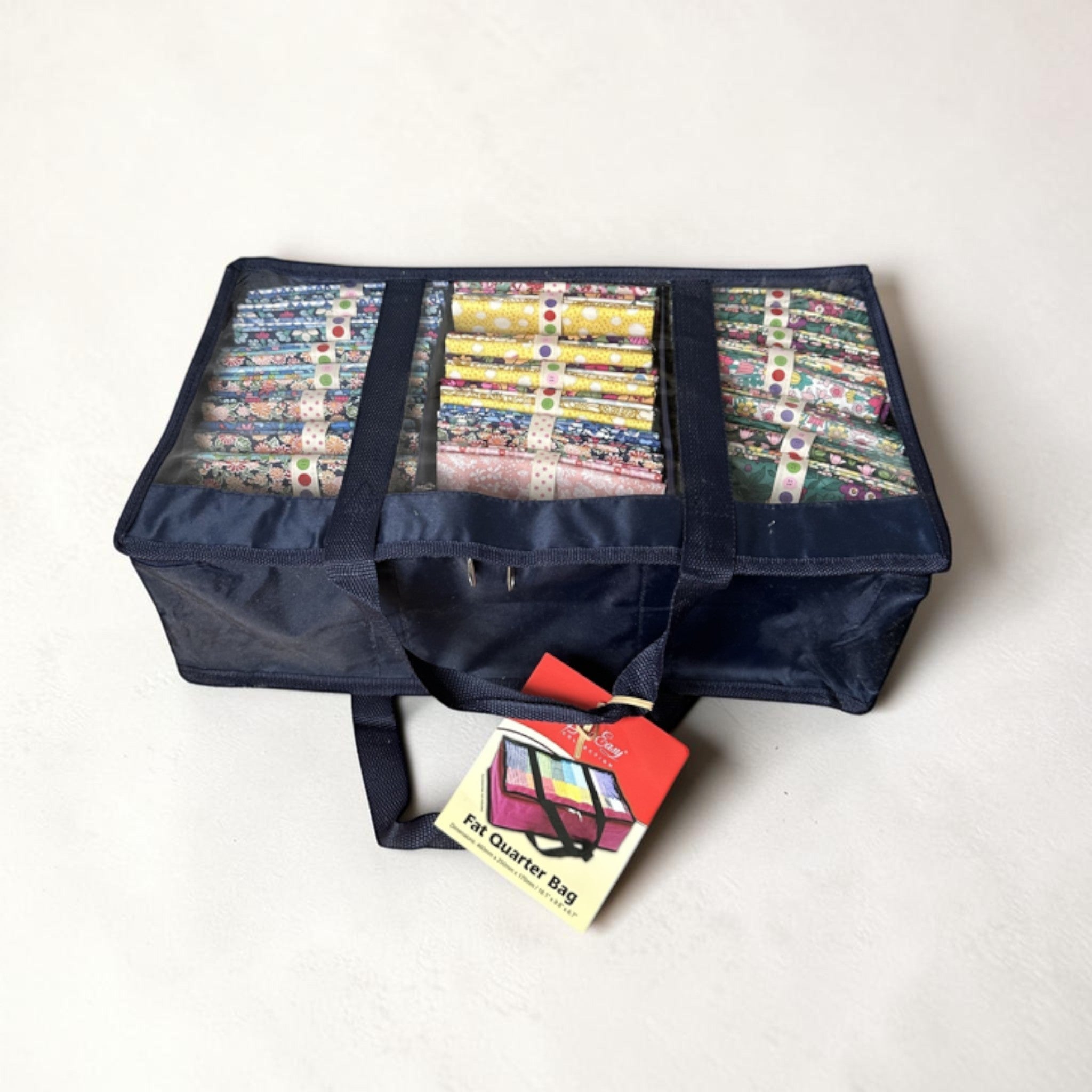 Large Fat Quarter Storage Bag. Navy Fabric Organiser with Clear Lid