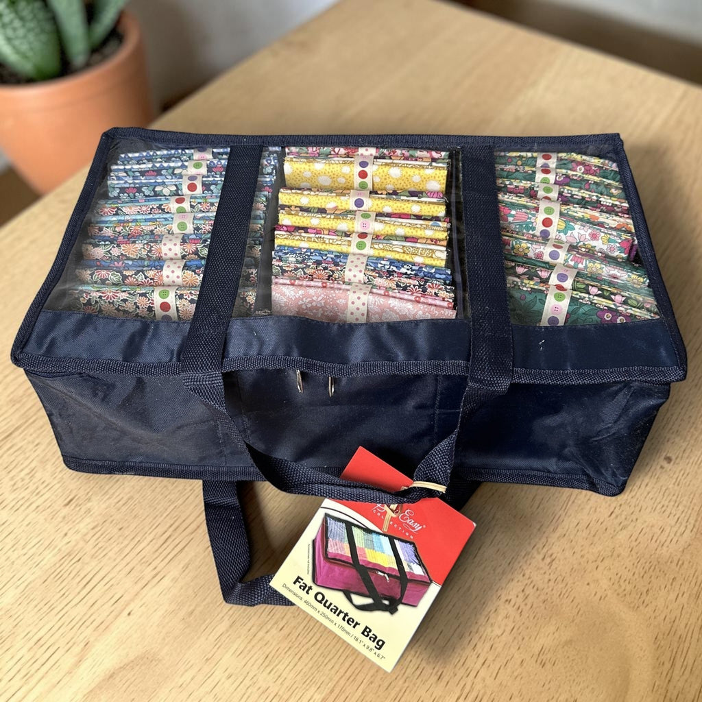 Large Fat Quarter Storage Bag. Navy Fabric Organiser with Clear Lid