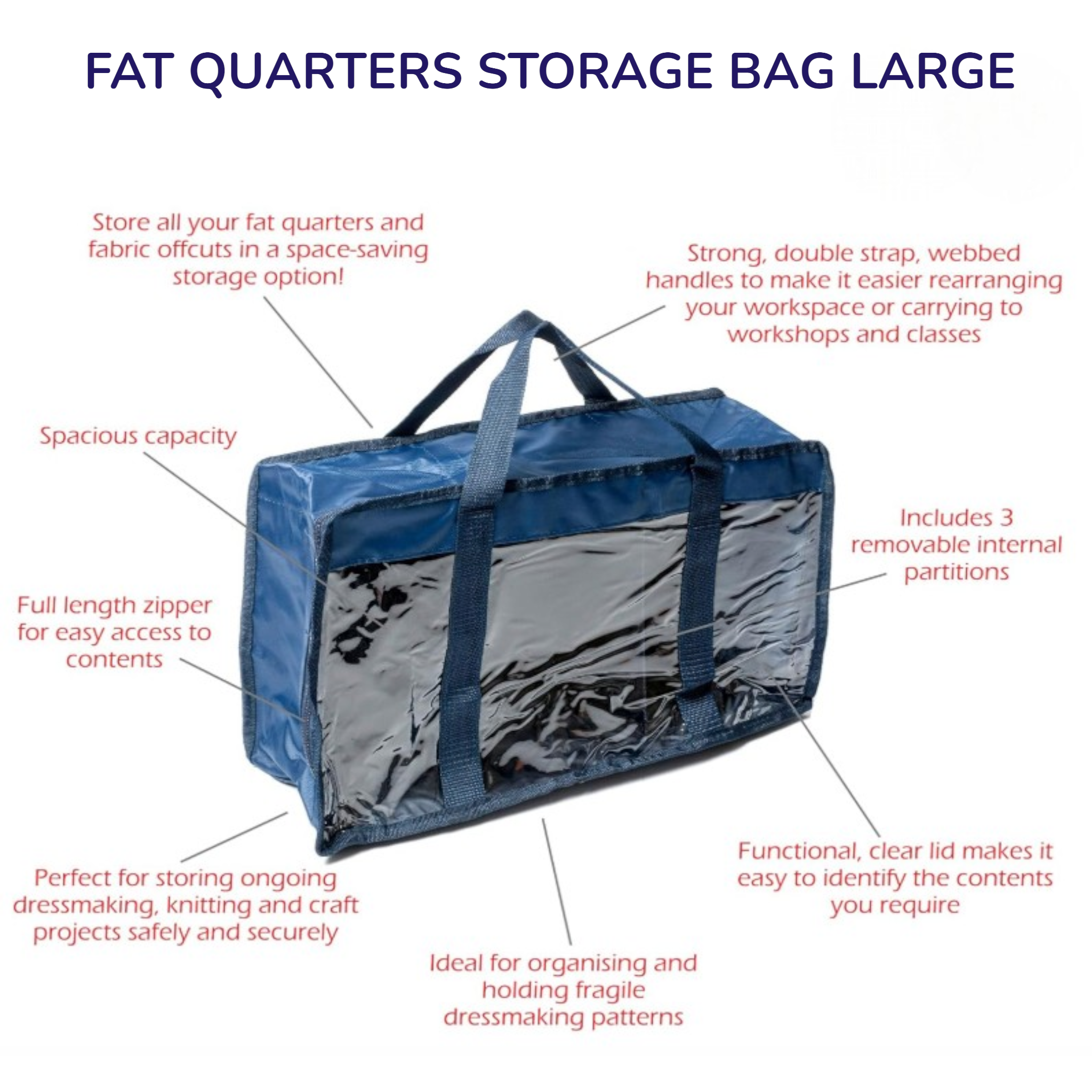 Large Fat Quarter Storage Bag. Navy Fabric Organiser with Clear Lid