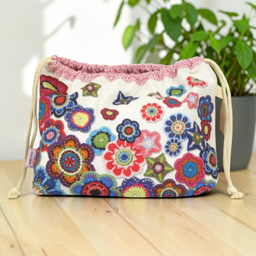 Emma Ball Floral Crochet Motif Drawstring Bag. Knitting & Crochet Project Storage