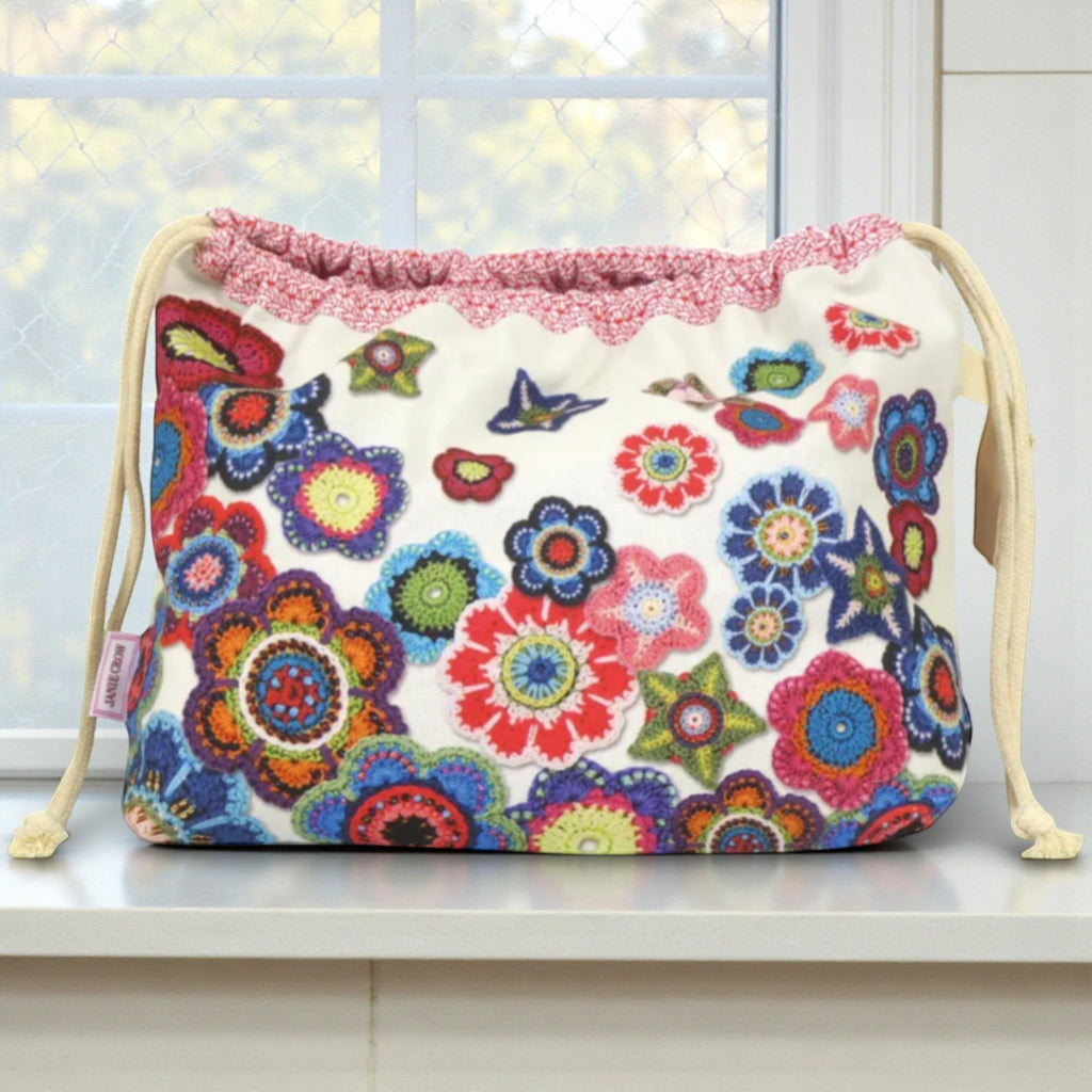 Emma Ball Floral Crochet Motif Drawstring Bag. Knitting & Crochet Project Storage