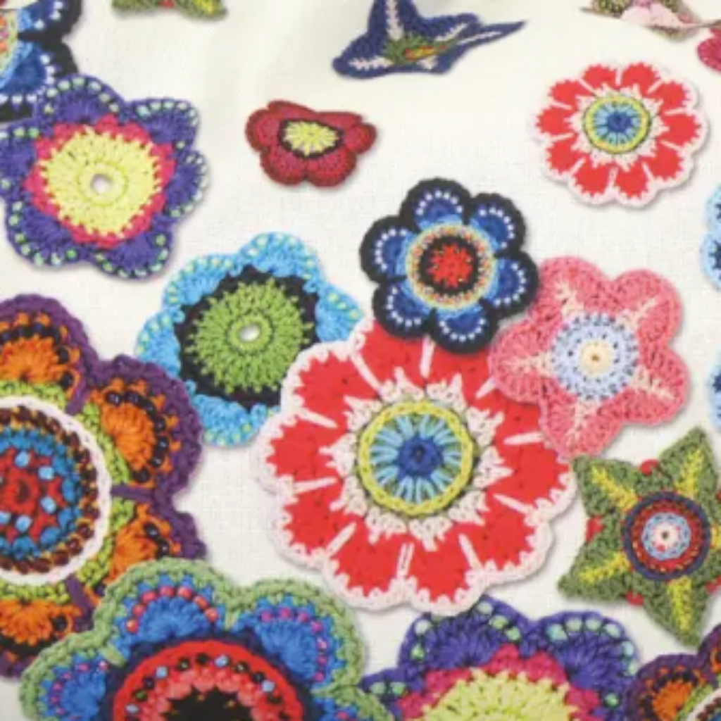 Emma Ball Floral Crochet Motif Drawstring Bag. Knitting & Crochet Project Storage