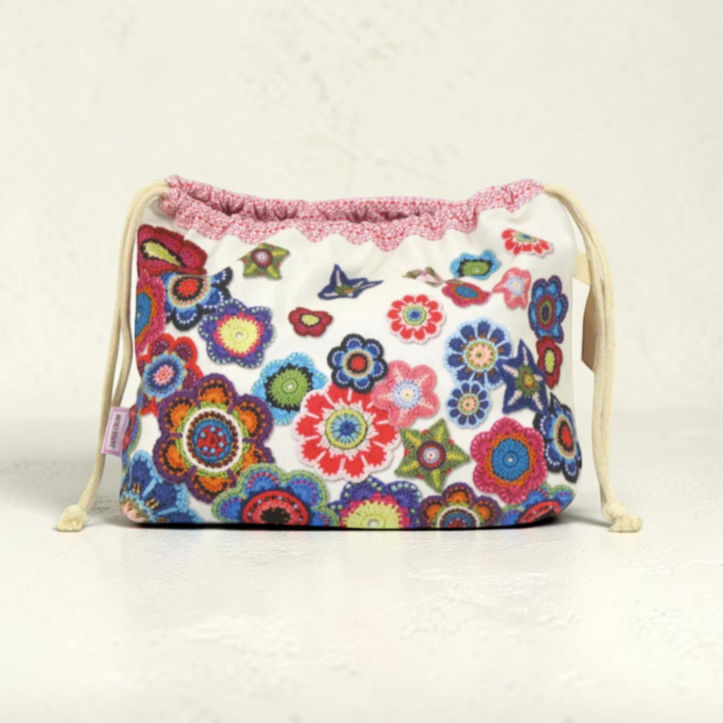 Emma Ball Floral Crochet Motif Drawstring Bag. Knitting & Crochet Project Storage