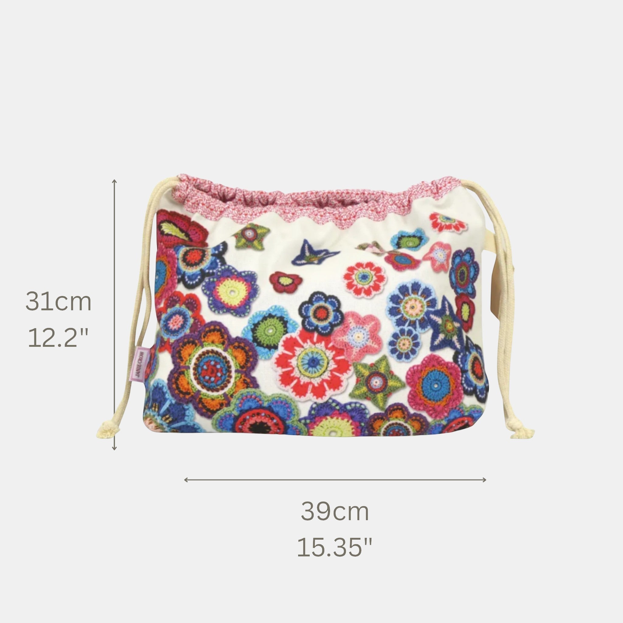 Emma Ball Floral Crochet Motif Drawstring Bag. Knitting & Crochet Project Storage