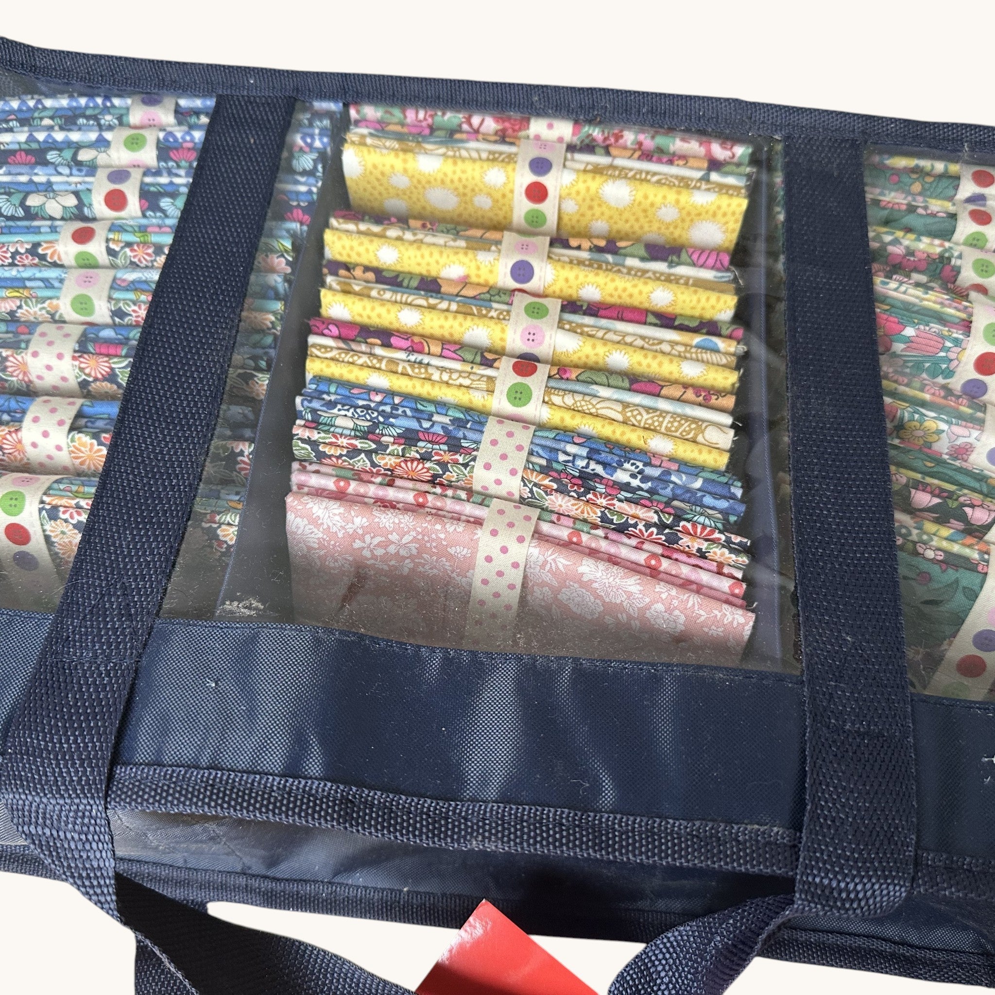 Large Fat Quarter Storage Bag. Navy Fabric Organiser with Clear Lid