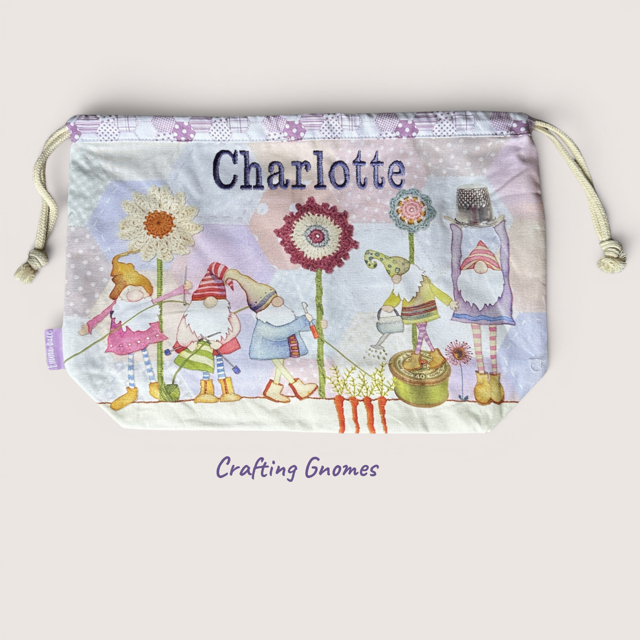 Personalised Emma Ball Drawstring Bags, Knitting & Crochet Projects and Yarn Storage. Knitting Gifts
