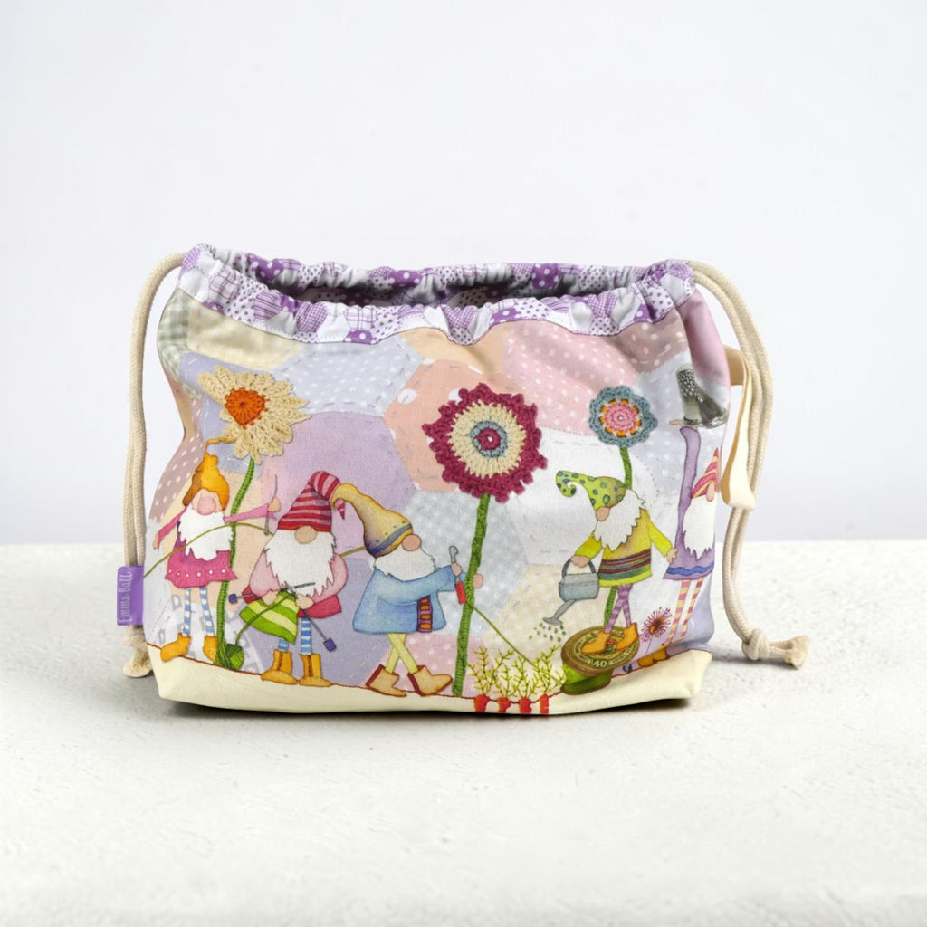 Emma Ball Crafting Gnomes Drawstring Bag. Knitting & Crochet Project and Yarn Storage