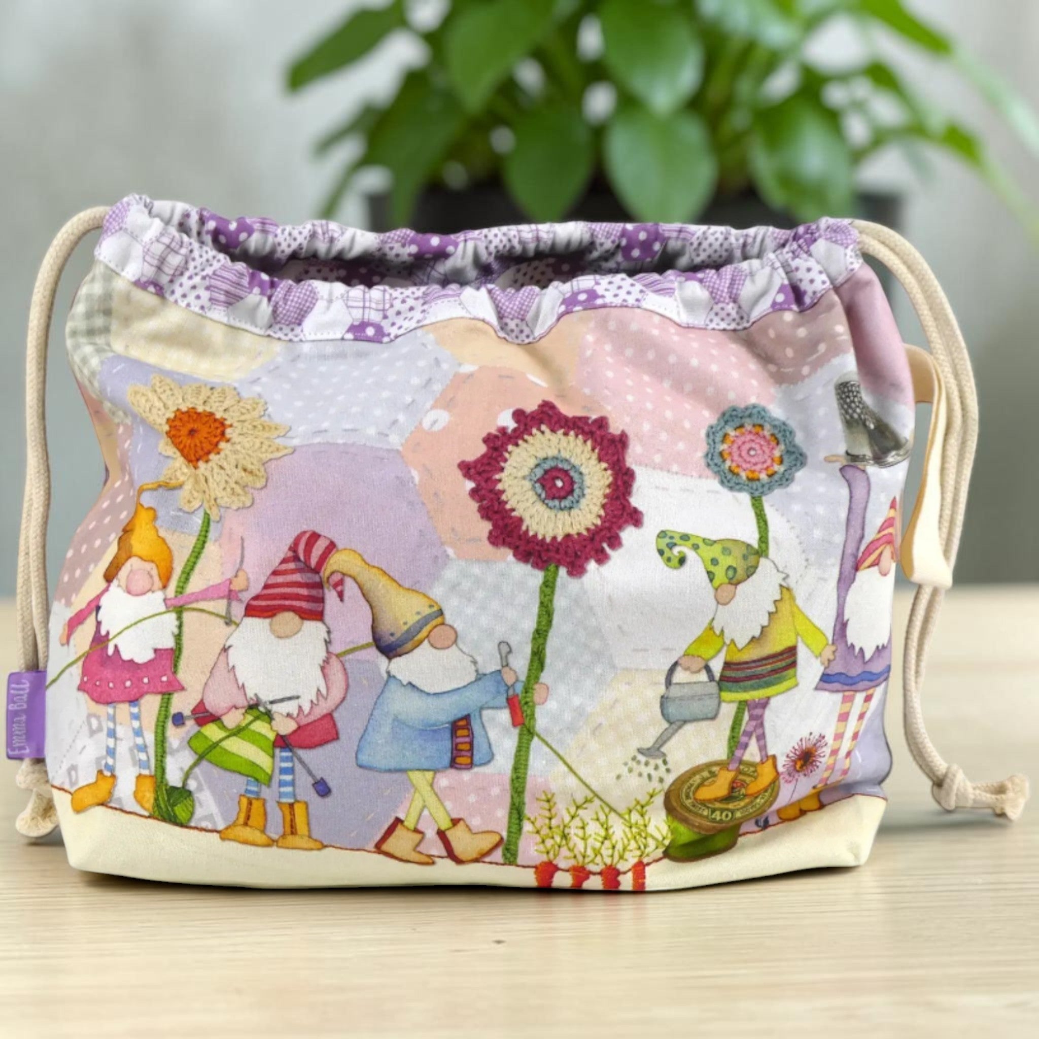Emma Ball Crafting Gnomes Drawstring Bag. Knitting & Crochet Project and Yarn Storage