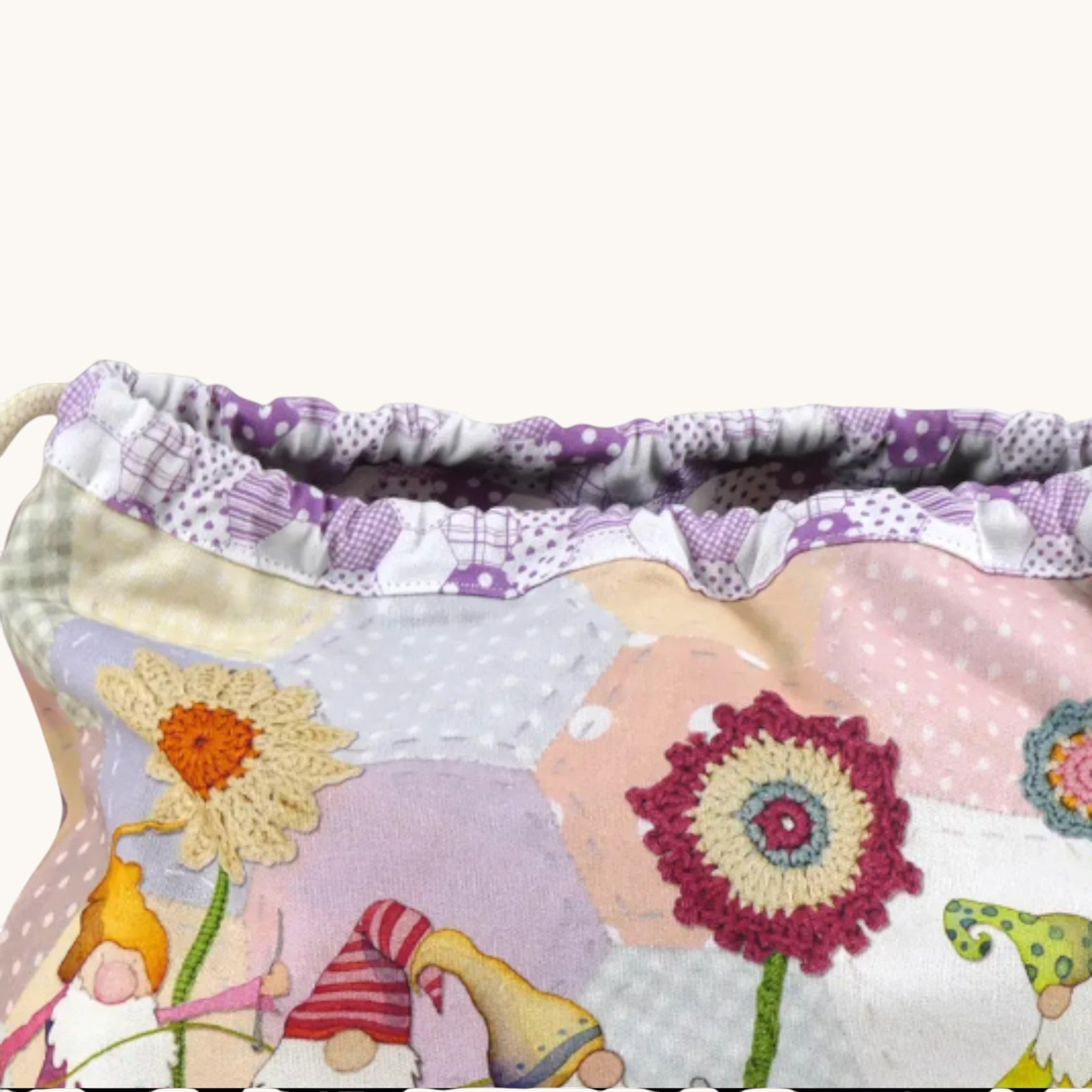 Emma Ball Crafting Gnomes Drawstring Bag. Knitting & Crochet Project and Yarn Storage