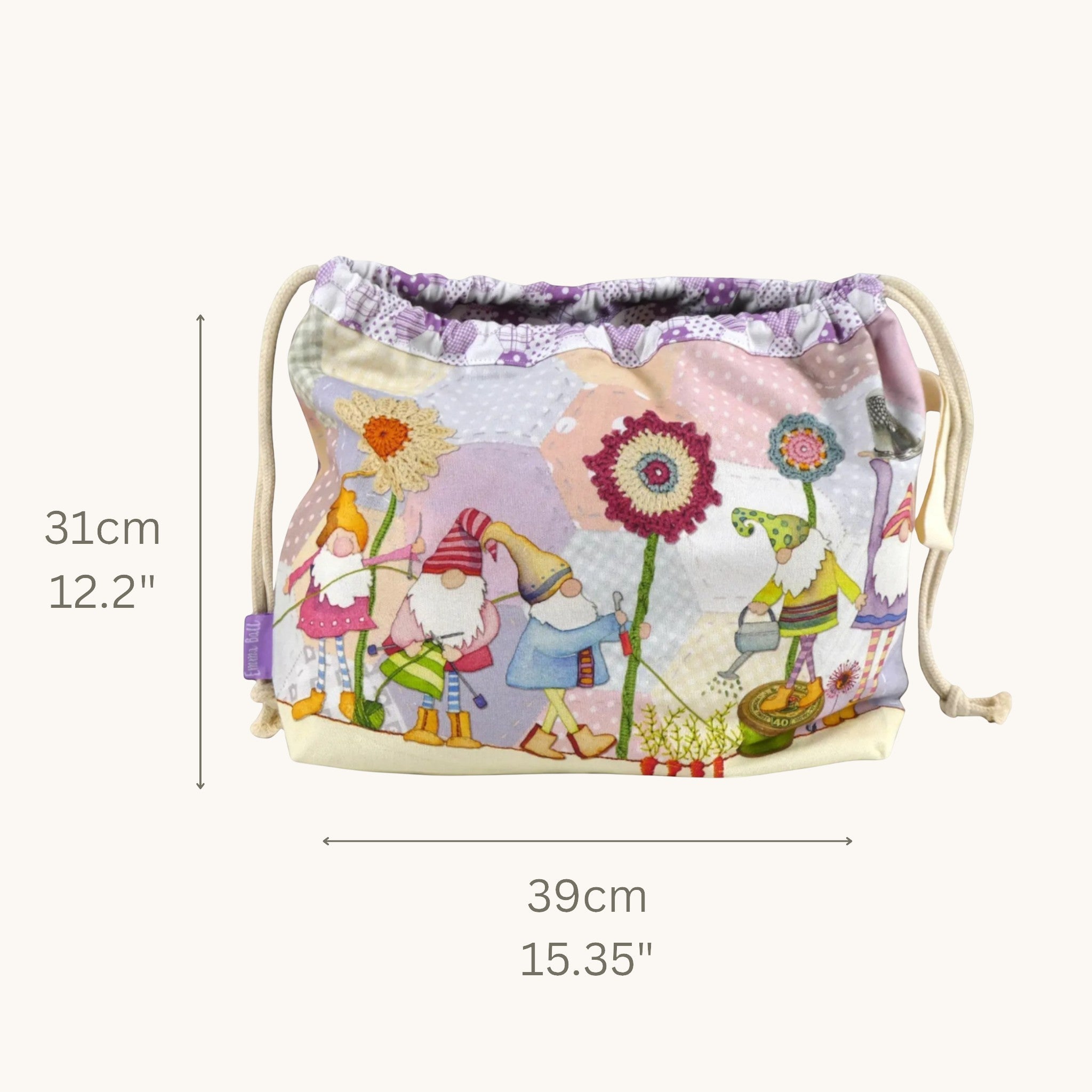 Emma Ball Crafting Gnomes Drawstring Bag. Knitting & Crochet Project and Yarn Storage