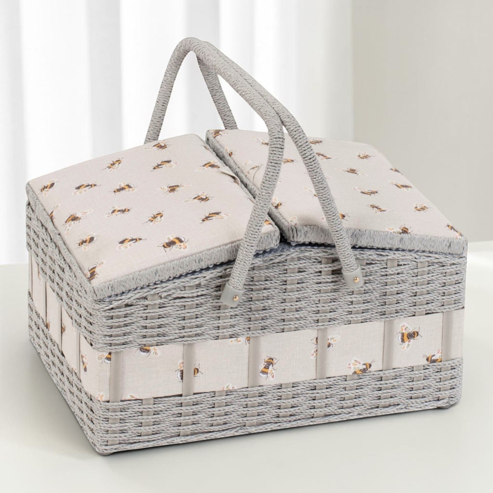 Bee Sewing Basket: Large Wicker Craft Organizer with Twin Lids