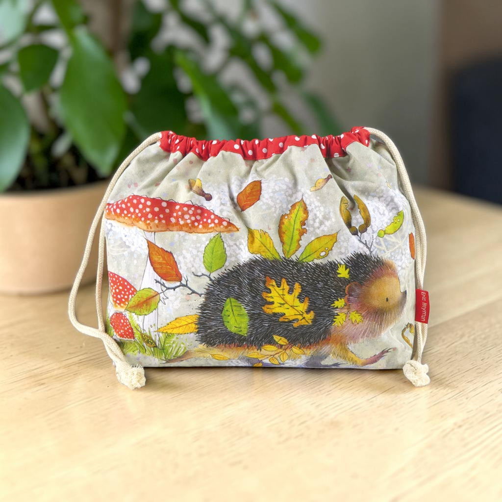 Emma Ball Hedgehog Drawstring Bag. Knitting & Crochet Project Storage