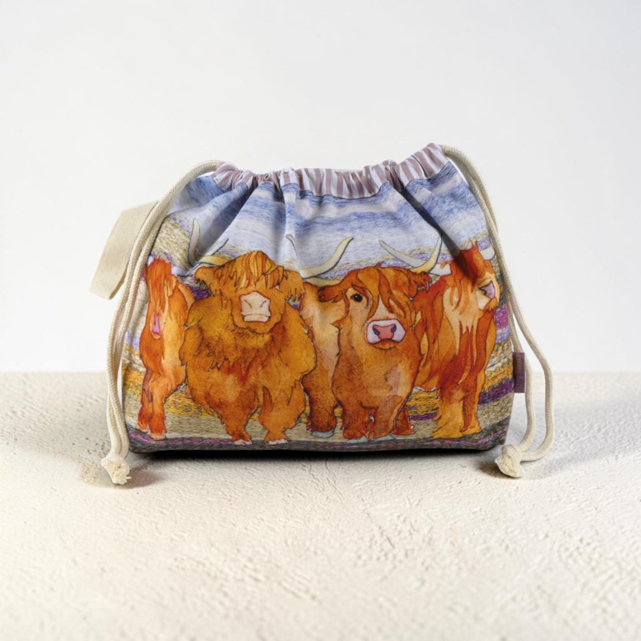 Emma Ball Highland Coo Drawstring Bag. Knitting & Crochet Project and Yarn Storage