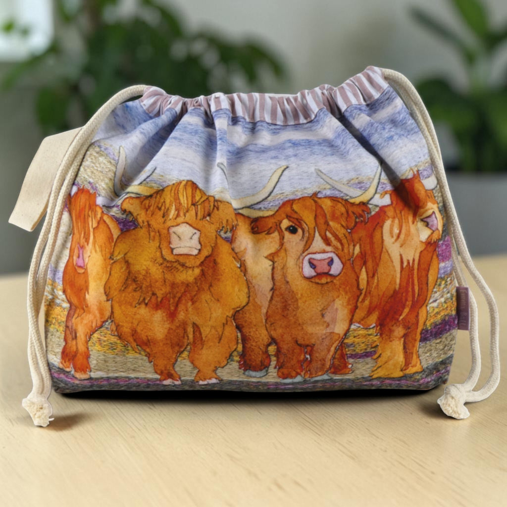 Emma Ball Highland Coo Drawstring Bag. Knitting & Crochet Project and Yarn Storage