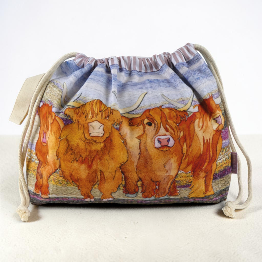 Emma Ball Highland Coo Drawstring Bag. Knitting & Crochet Project and Yarn Storage